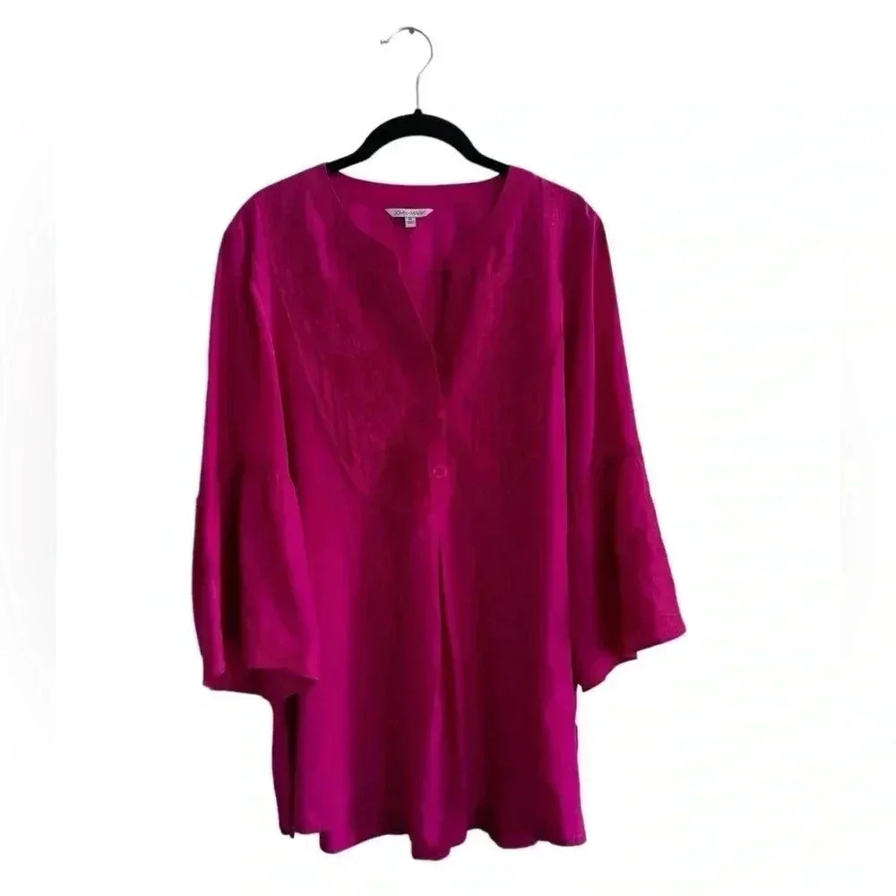 John Mark Floral Embroidered Split V- Neck 3/4 Flared Sleeve Front Woven Tunic